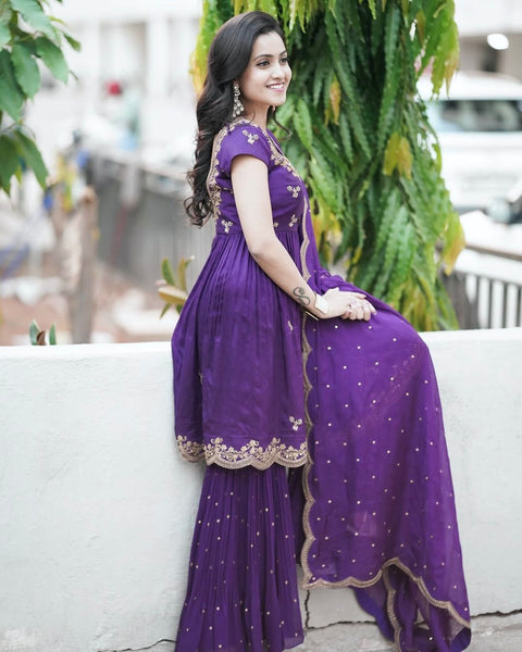 New Presents Royal Purple colorelegance with Kediya style Chinon Silk Sharara set