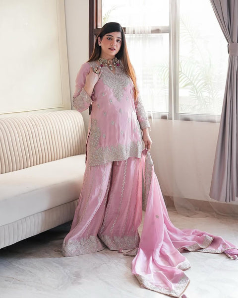 New Pure Heavy Chinnon Silk With  Heavy Embroidery moti Sequence Work With Full Embroidery Sleeve
