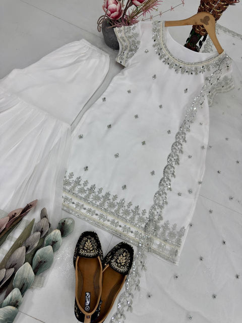 NEW DESIGNER HEAVY FUAX GEORGETTE TOP WITH SHARARA DUPATTA SUIT SET