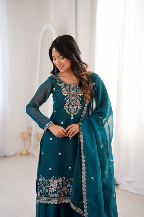New Premium PURE SOFT CRUNCHY SILK FABRIC TOP,SHARARA WITH DUPATTA SET