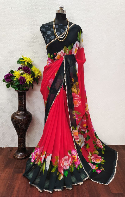 New Digital Print with pearl lace border saree