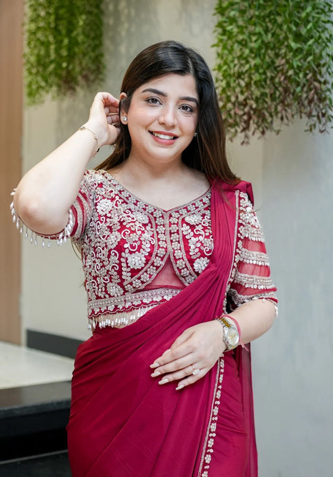 New Super Trending Embroidery Sequence work ready to wear saree with Embroidery Blouse
