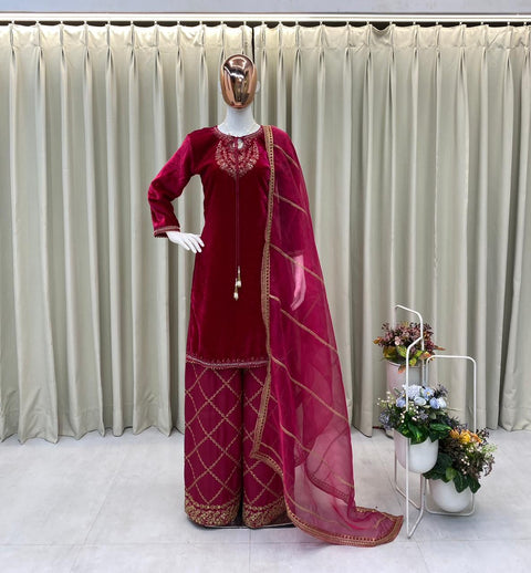 New VELVET DESIGNER WEAR KURTA PANT PAIR WITH EMBROIDERY WORK