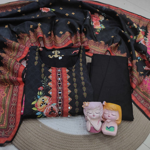 New Premium Chinon febric Pakistani Floral print and embroidery mirror works 3-Piece kurti SET