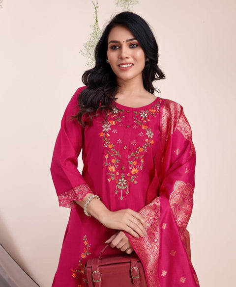 New Pink Viscose Silk Floral Embroidered Kurta Set