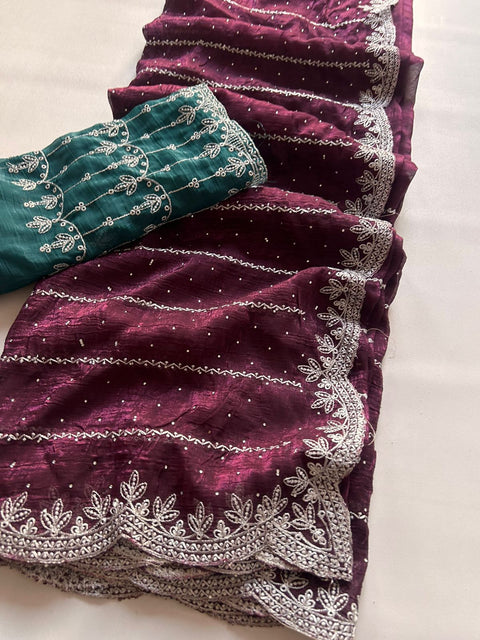 New arrivals crunchy crush saree with embroidery all over  siroshki & DESGINER embroidered border work