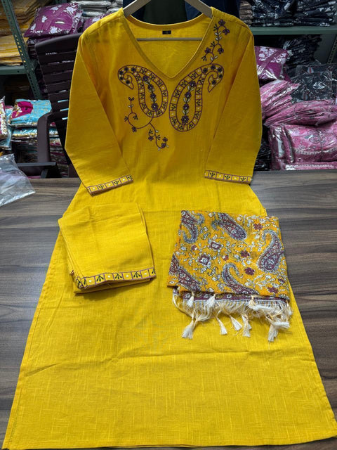 New Handloom cotton slub cotton  fabric  with  manual dual thread  embroidery work 
Cotton slub pant 3 piece  suit