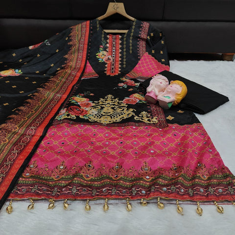 New Premium Chinon febric Pakistani Floral print and embroidery mirror works 3-Piece kurti SET