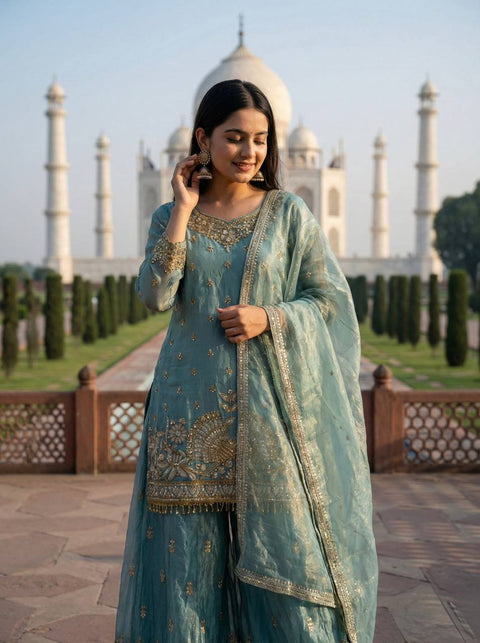 New Pure Fendy Silk With Heavy Embroidery Sequence Work Top-Bottom And Dupatta Set
