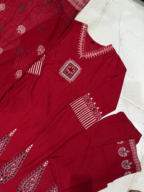 New Pure Cotton discharge print kurti with pant and mulmul printed dupatta
