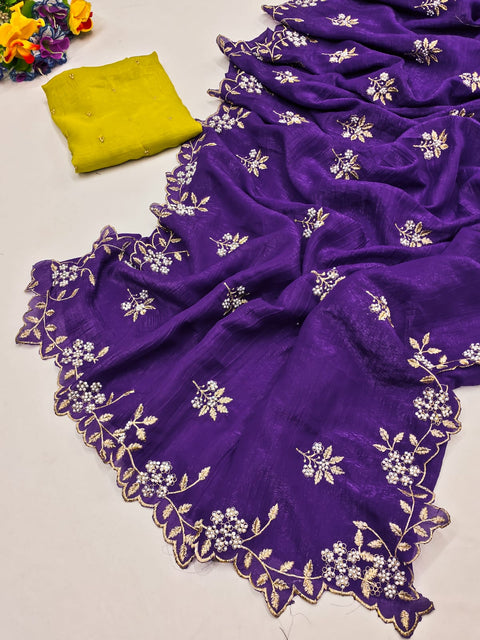 New Arrival Beautiful Embroidery& Moti Work Scalloped Cut work Border saree