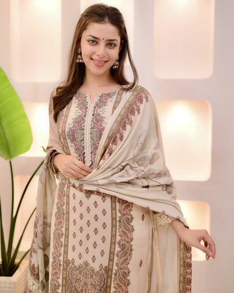 New Heavy Muslim simmer  With Heavy Digital Print With lace works Top-Bottom And Dupatta Set