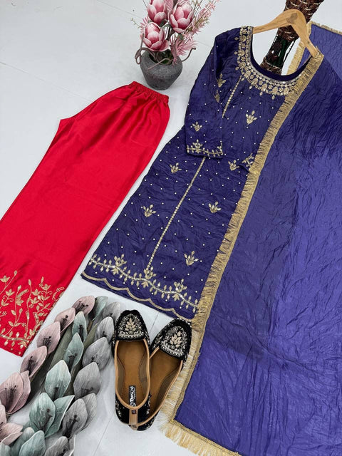 New DESIGNER HEAVY GOLD CRUSHE EMBROIDERED SEQUENCE WORK WITH FANCY TOP-PENT DUPATTA SET