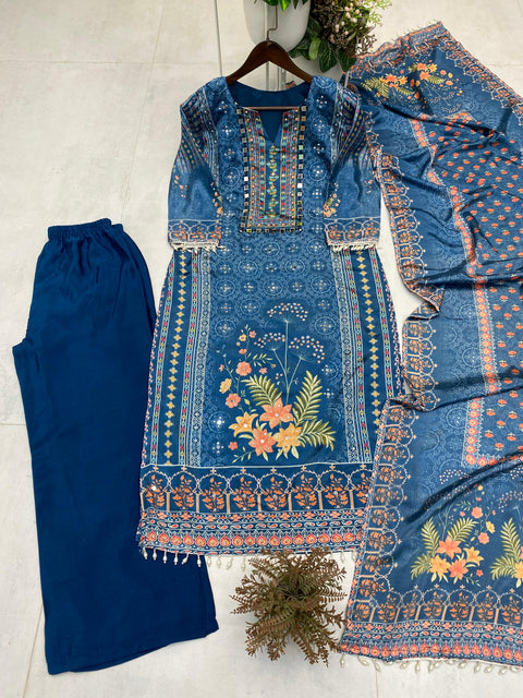New DESIGNER WEAR PRINTED TOP WITH PANT PAIR IN REAL MIRROR AND DIAMOND WORK