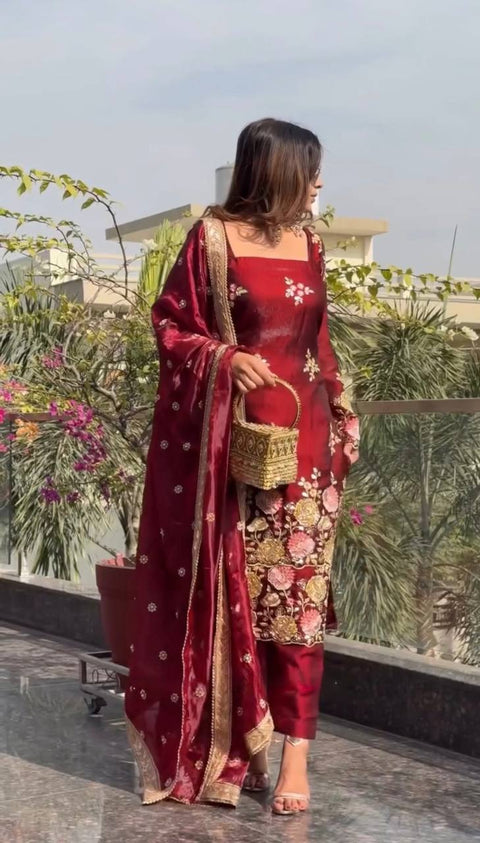 New Designer Collection In Pure Heavy  Organza poly silk With Heavy Embroidery Sequence Work Top-Bottom And Dupatta Set