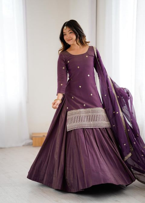 NEW HIGH PREMIUM QUALITY PURE ROMANSHIMMER CHANDERI SILK FABRIC KURTA WITH FULLY FLARE LAHENGA WITH DUPPTA SET