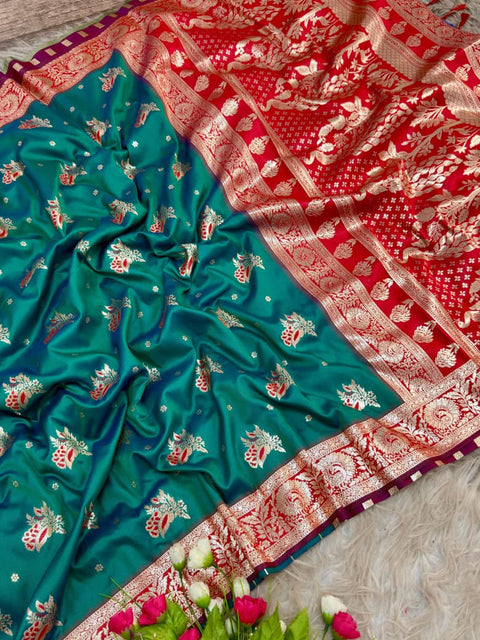 New golden designs and soft tassels Elegant Banarasi Saree