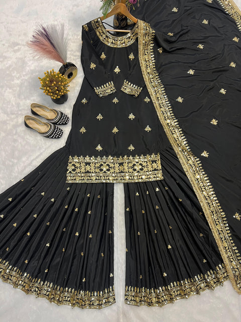 New Heavy Natural Crep With Heavy Embroidery Sequence  Work Sarara Plazo
