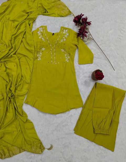 New Beautiful Real Hand WorkMuslin Silk DupattaRoman Silk PalazzoCHANDERI SHORT TOP SET