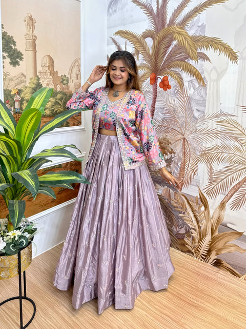 New PURE CHINON FABRIC & HEAVY EMBROIDERYEXCLUSIVE LEHENGA, BLOUSE & KOTI SET