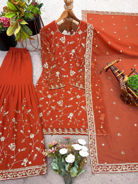 New Designer Party Wear Look Top-Plazzo and Dupatta With Heavy Embroidery Work