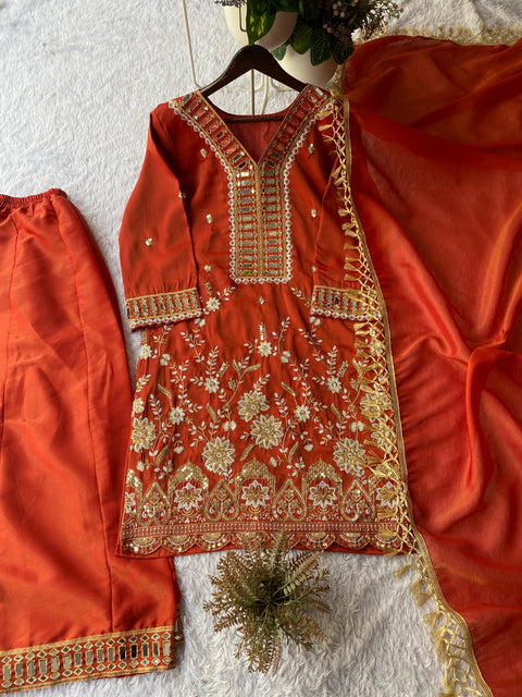New WEDDING SEASON OUR DESIGNER WEAR KURTI PLAZZO PAIR WITH REAL MIRROR EMBROIDERY WORK
