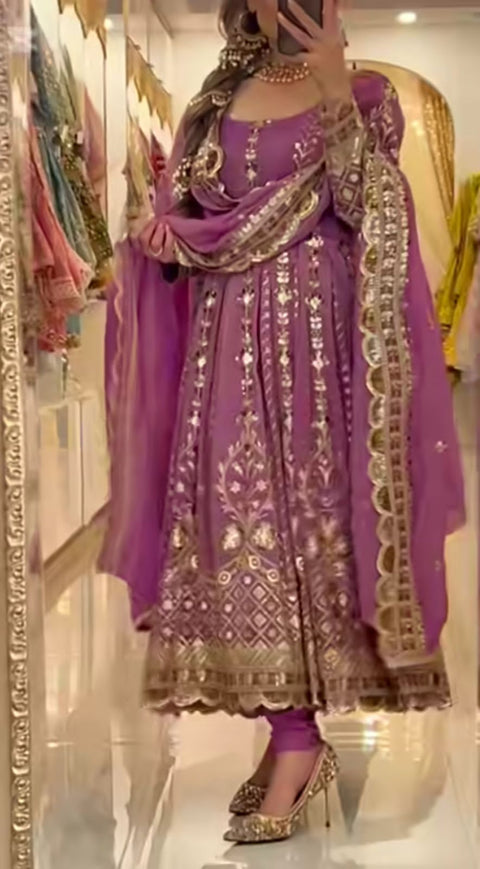 New Fancy Style Heavy Chinnon Silk Designer Anarkali Suit