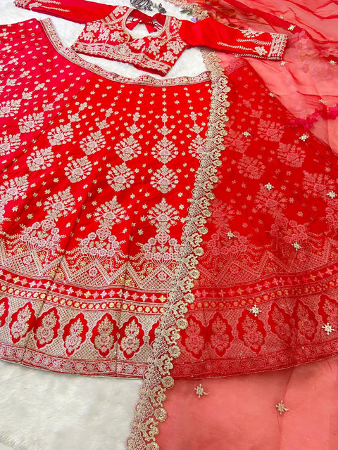New Premium Malai Satin Embellished With Beautiful Thread Embroidery lehenga
