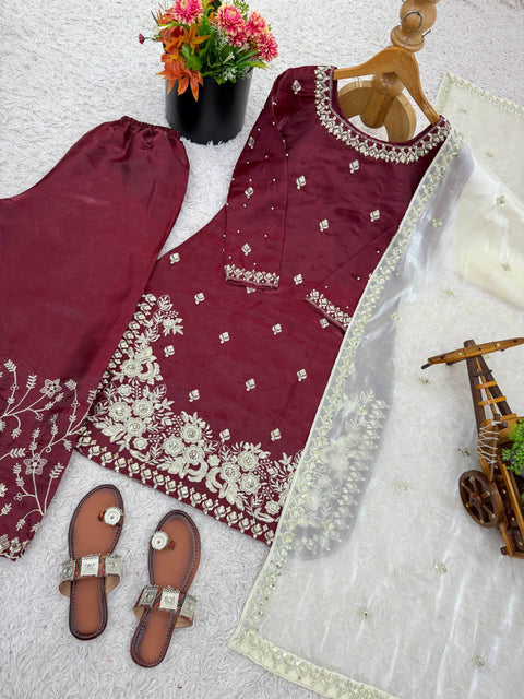 New Designer Collection In GMY SILK With Heavy Embroidery Sequence Work Top-Bottom And Dupatta Set Fully Stitched Ready To Wear