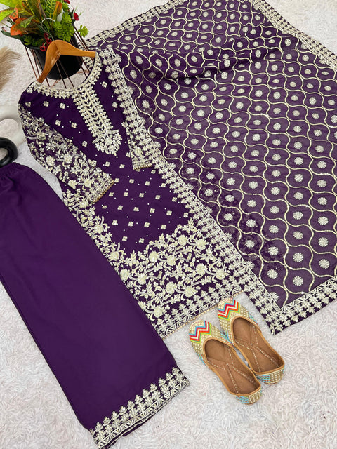 New Designer Party Wear Look Top-Plazzo and Dupatta With Heavy Embroidery Work