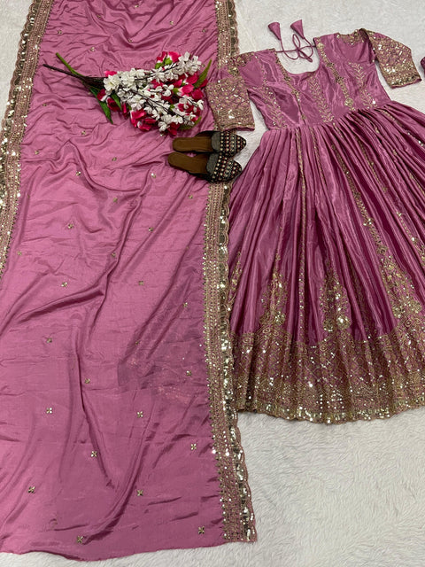 New Fancy Style Heavy Chinnon Silk Designer Anarkali Suit