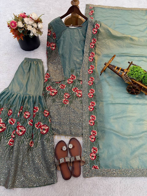 New Pure Fendy Silk With Heavy Embroidery Sequence Work Top-Bottom And Dupatta Set