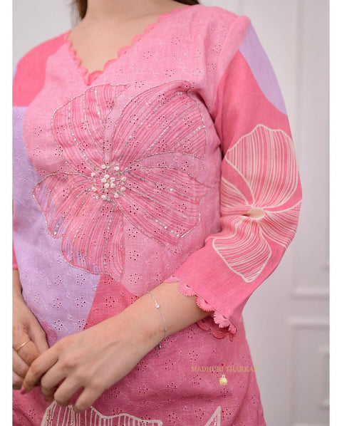 NEW SHIFLI  LUNCHING HEVAY SHIFLI FABRIC DIGITAL PRINTING HAND WORK FULL NECK LACE LINEN Suit Set
