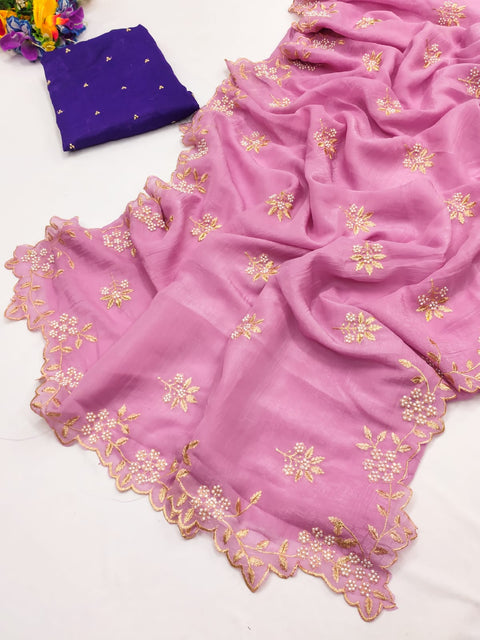 New Arrival Beautiful Embroidery& Moti Work Scalloped Cut work Border saree