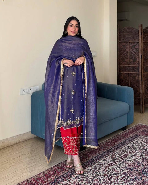 New DESIGNER HEAVY GOLD CRUSHE EMBROIDERED SEQUENCE WORK WITH FANCY TOP-PENT DUPATTA SET