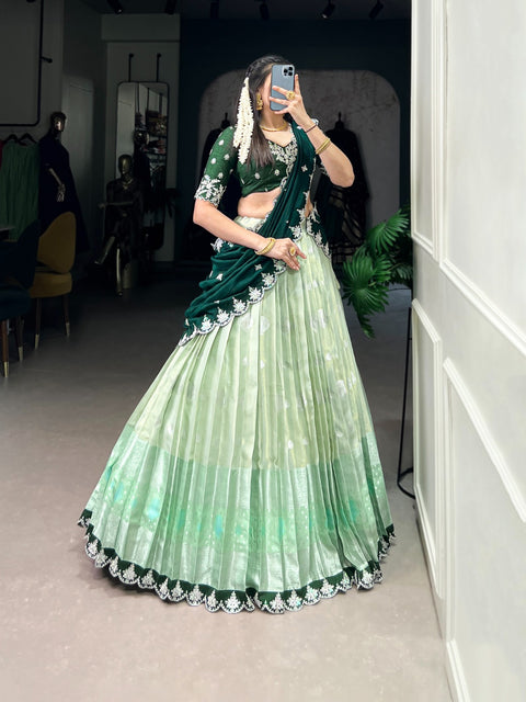 New Zari Weaving Work With Sequins and Thread Embroidery Scallop Lace Border Lehenga choli