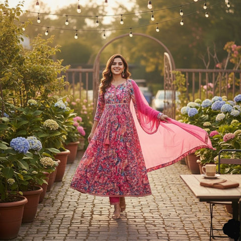 New Premium georgette print and full lining with pent and Nazneen dupatta Anarkali gown