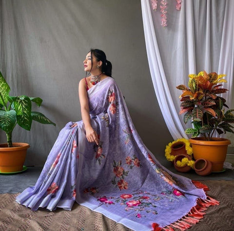 New Original Linen With Silver Jari Patta Digital Print saree
