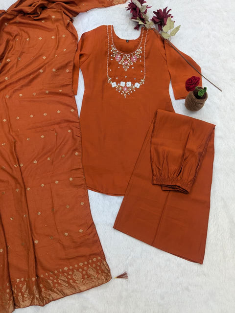 New Beautiful Real Hand WorkMuslin Silk DupattaRoman Silk PalazzoCHANDERI SHORT TOP SET