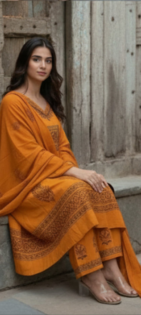 New Pure Cotton discharge print kurti with pant and mulmul printed dupatta