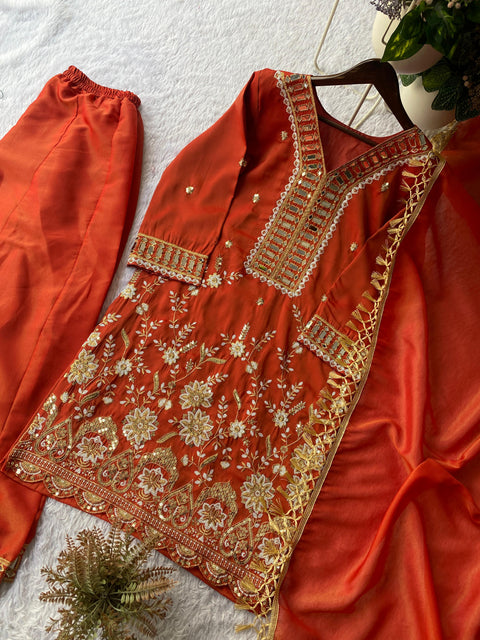 New WEDDING SEASON OUR DESIGNER WEAR KURTI PLAZZO PAIR WITH REAL MIRROR EMBROIDERY WORK