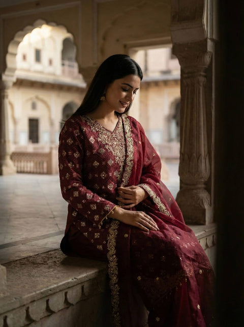 New Designer Collection In GMY SILK With Heavy Embroidery Sequence Work Top-Bottom And Dupatta Set