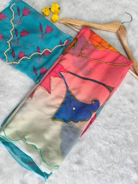 New Beautiful handcrafted Soft pure Georgette handwork sarees