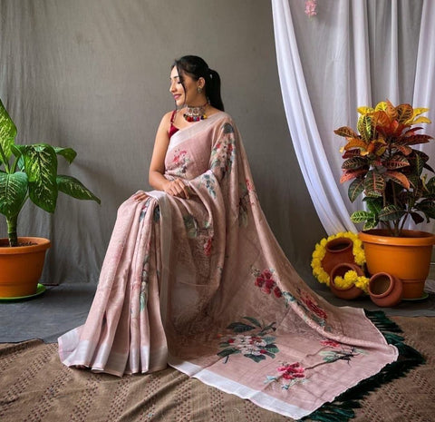 New Original Linen With Silver Jari Patta Digital Print saree