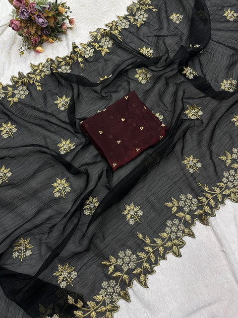 New Arrival Beautiful Embroidery& Moti Work Scalloped Cut work Border saree