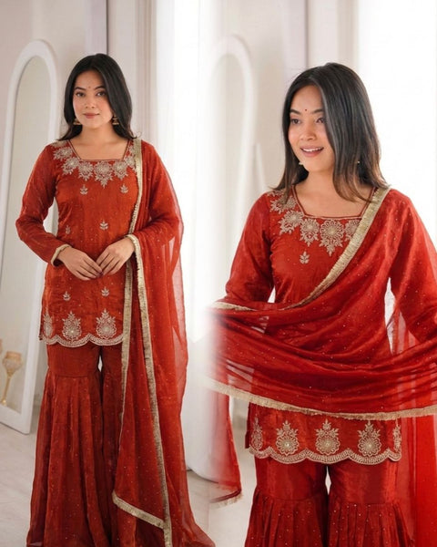 New Premium Embroidery Sequence Work With Zarkan Diamond Work Fully Stitched & Ready to Wear Dres