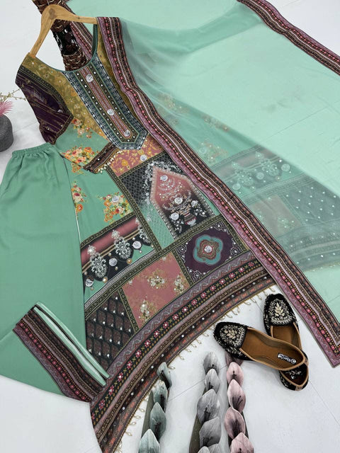 NEW DESIGNER HEAVY FUAX GEORGETTE DIGITAL PRINT HAND WORK FANCY SALWAR SUIT