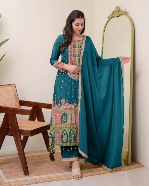 New DESIGNER WEAR JAYPURI TRENDING  TOP WITH PRINTED WORK WITH MIROR WORK WITH PLAZZO AND DUPATTA