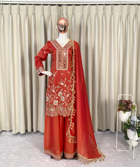 New WEDDING SEASON OUR DESIGNER WEAR KURTI PLAZZO PAIR WITH REAL MIRROR EMBROIDERY WORK