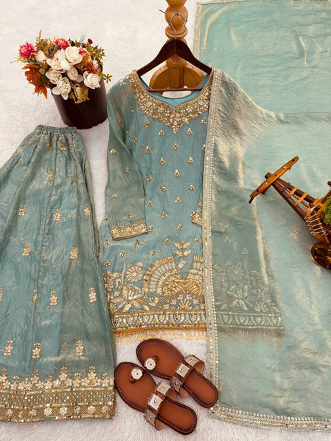 New Pure Fendy Silk With Heavy Embroidery Sequence Work Top-Bottom And Dupatta Set